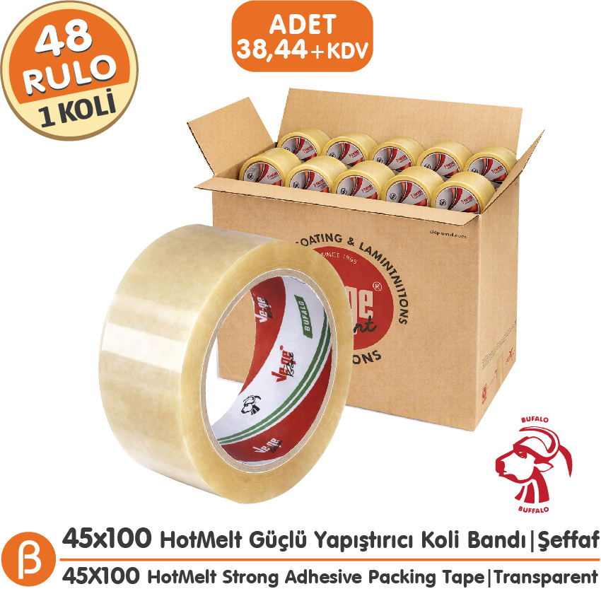 Ve-Ge BUFALO 45x100 Şeffaf Koli Bandı (1 Koli –48 Adet) Toptan HotMelt Güçlü Yapışkan