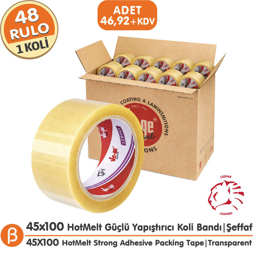 Ve-Ge LEOPAR 45x100 Şeffaf Koli Bandı (1 Koli –48 Adet) Toptan HotMelt Dengeli Güç