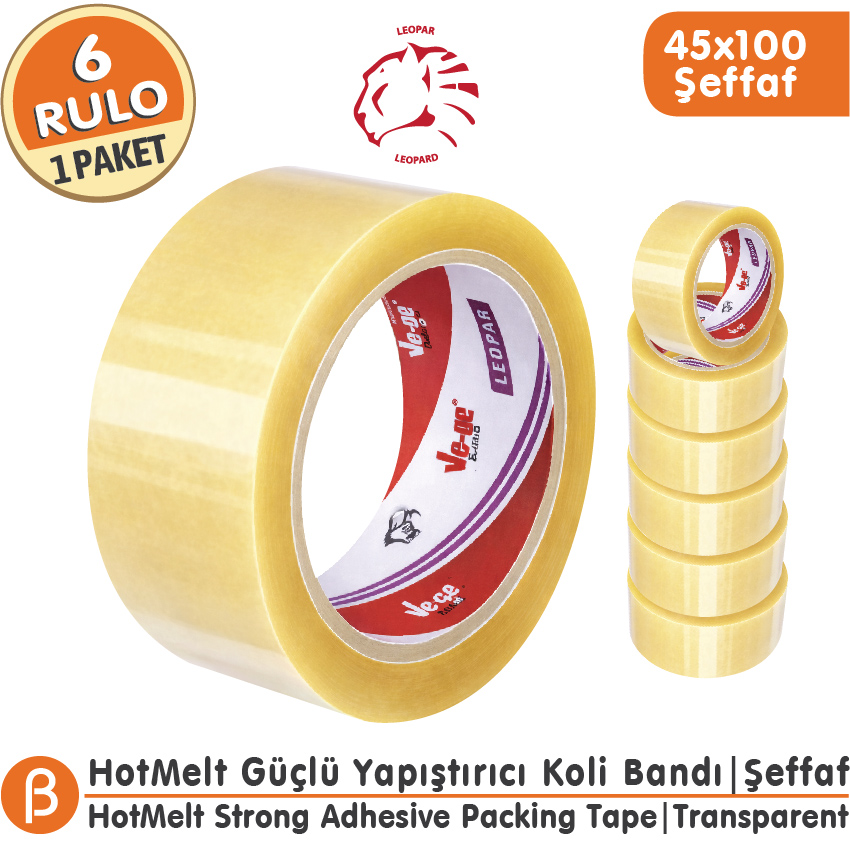 Ve-Ge LEOPAR 45x100 Şeffaf Koli Bandı (6 Adet) Toptan HotMelt Dengeli Güç