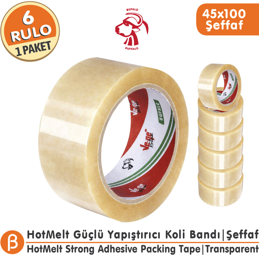 Ve-Ge BUFALO 45x100 Şeffaf Koli Bandı (6 Adet) Toptan HotMelt Dengeli Güç