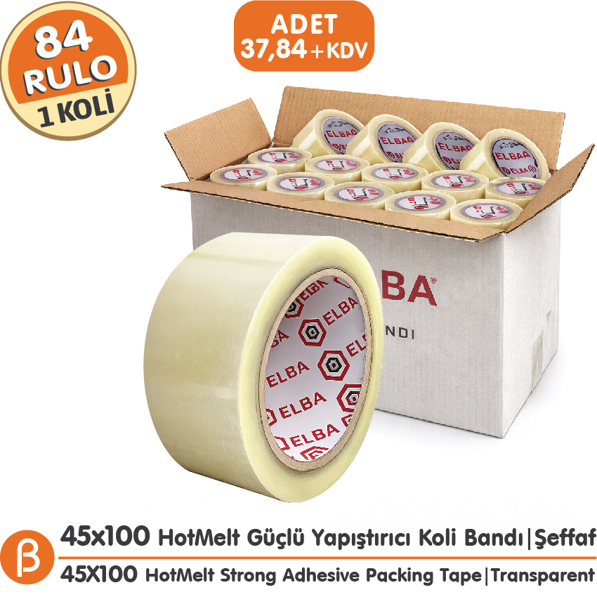 Elba 1 KOLİ (84 ADET) 45x100 Şeffaf HotMelt Koli Bandı Güçlü Yapışkan