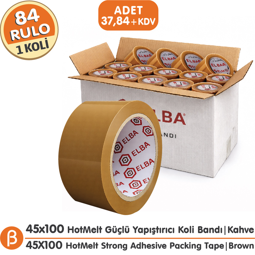 Elba 1 KOLİ (84 ADET) 45x100 Taba (Kahverengi) HotMelt Koli Bandı Güçlü Yapışkan