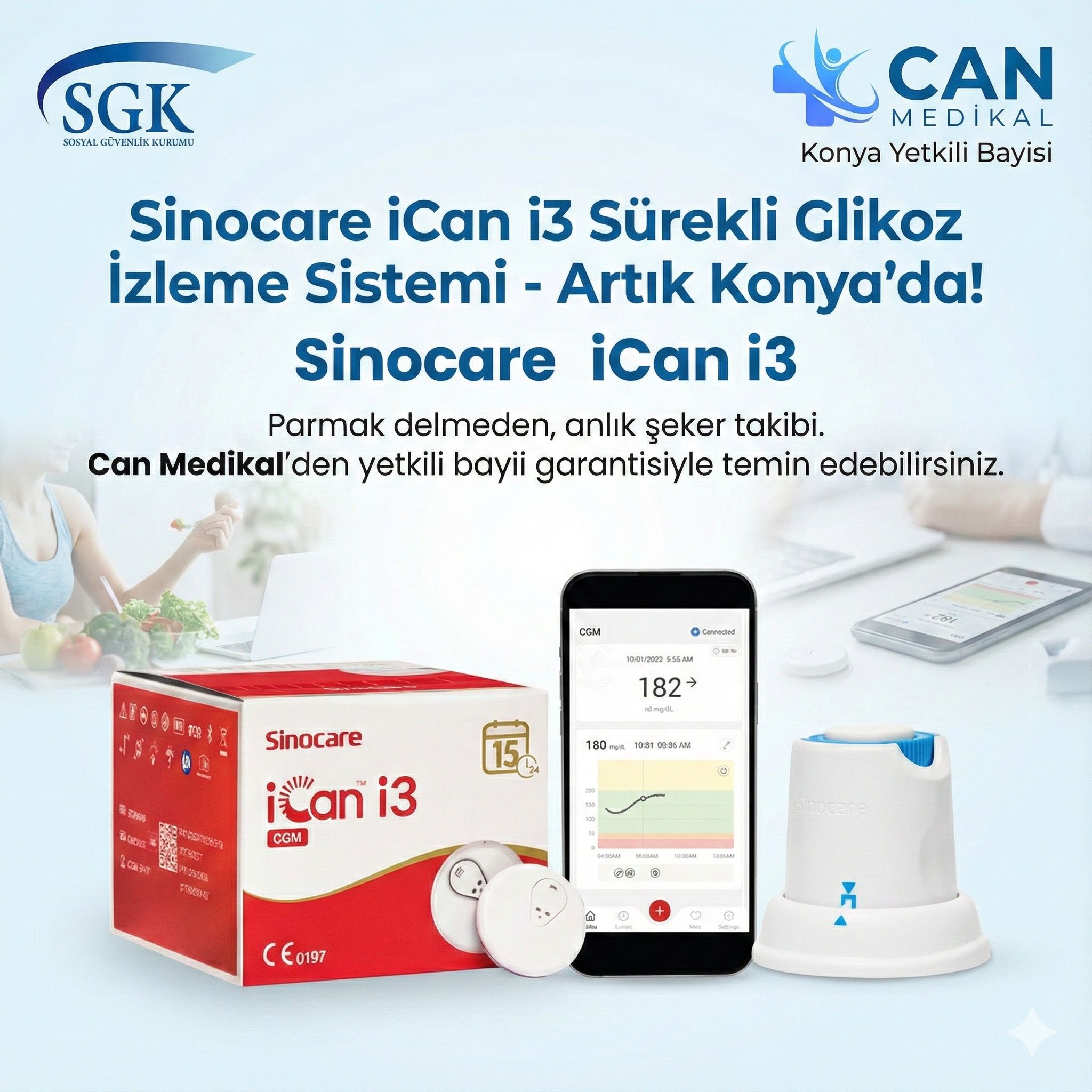 Sinocare iCan i3 Sürekli Glikoz İzleme Sistemi (CGM) – Konya Yetkili Bayi