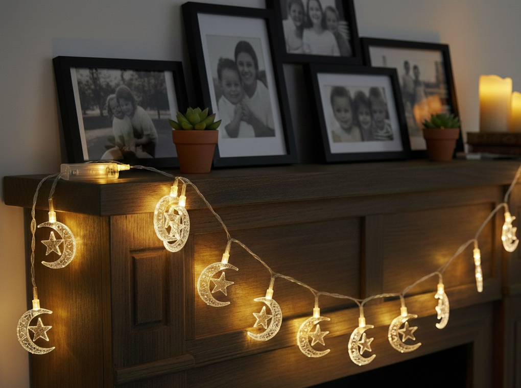 Çizgili Ay Yıldız 10 Ledli Ramazan Figürlü 1.5 Metre 2 Pilli Dekor Led Işık