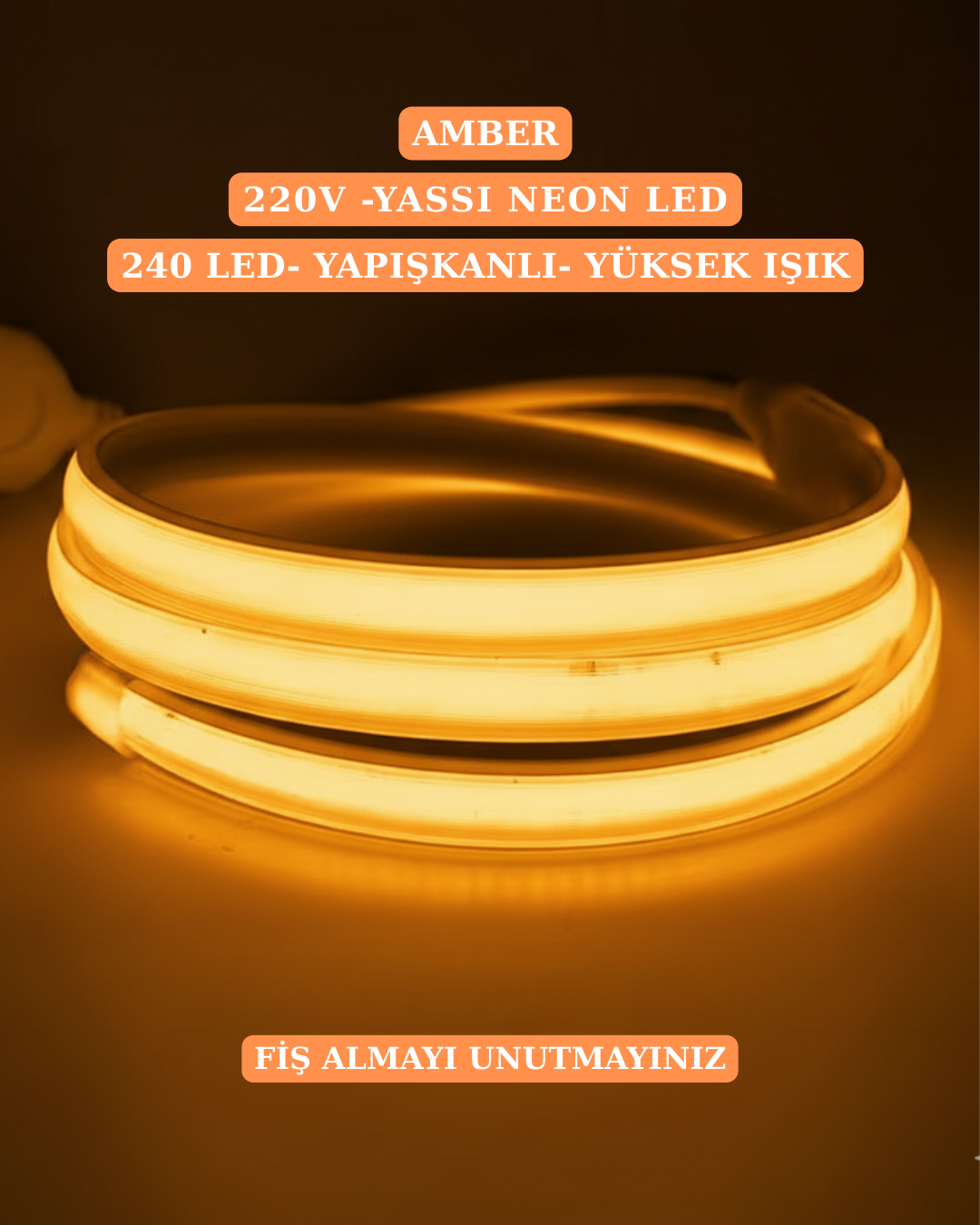 Smd Yassı Neon Led 220 Volt Amber Yapışkanlı Yüksek Işık Gücü 240 Led