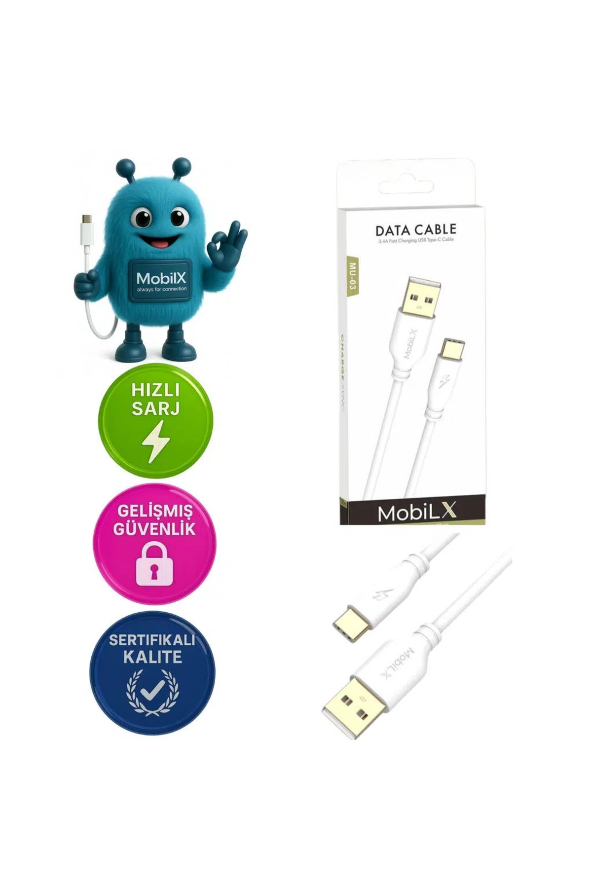 MobiLX MU-03 3.4A Bakır Uç Silikon USB to Type-C Şarj ve Data Kablosu (1m)