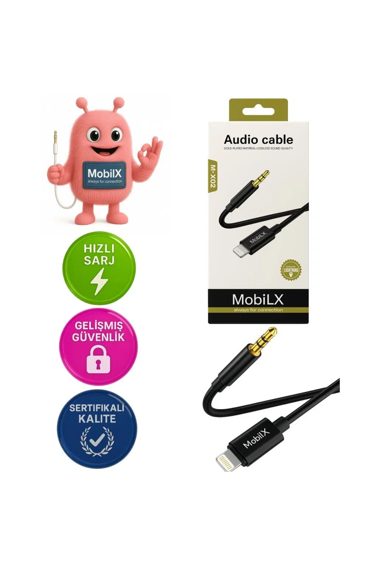 MobiLX M-X02 Lightning to 3.5mm AUX Ses Kablosu – iPhone Uyumlu, Stereo Ses Destekli, Altın Uçlu