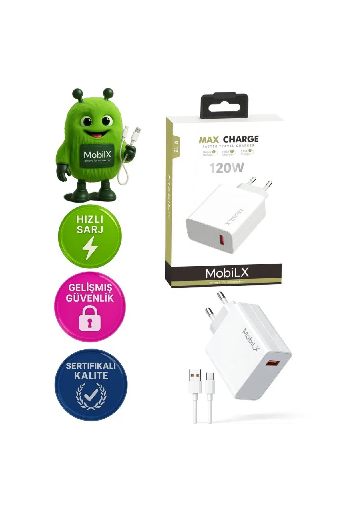 MobiLX 120W Turbo Max Hızlı Şarj Aleti + Type-C USB Kablo