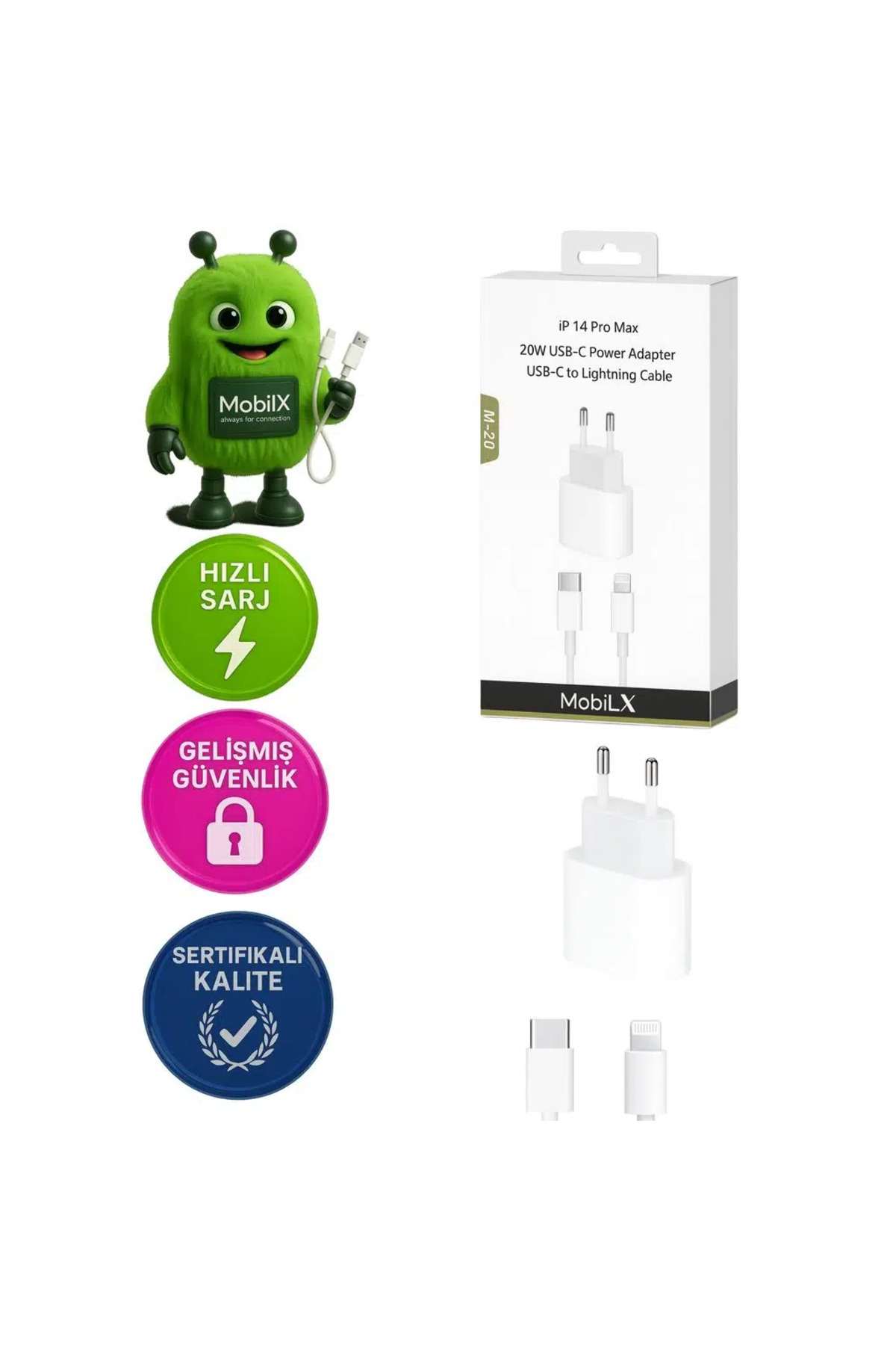 MobiLX M-20 20W iPhone 8–14 Pro Max Uyumlu Hızlı Şarj Adaptörü + USB-C to Lightning Kablo