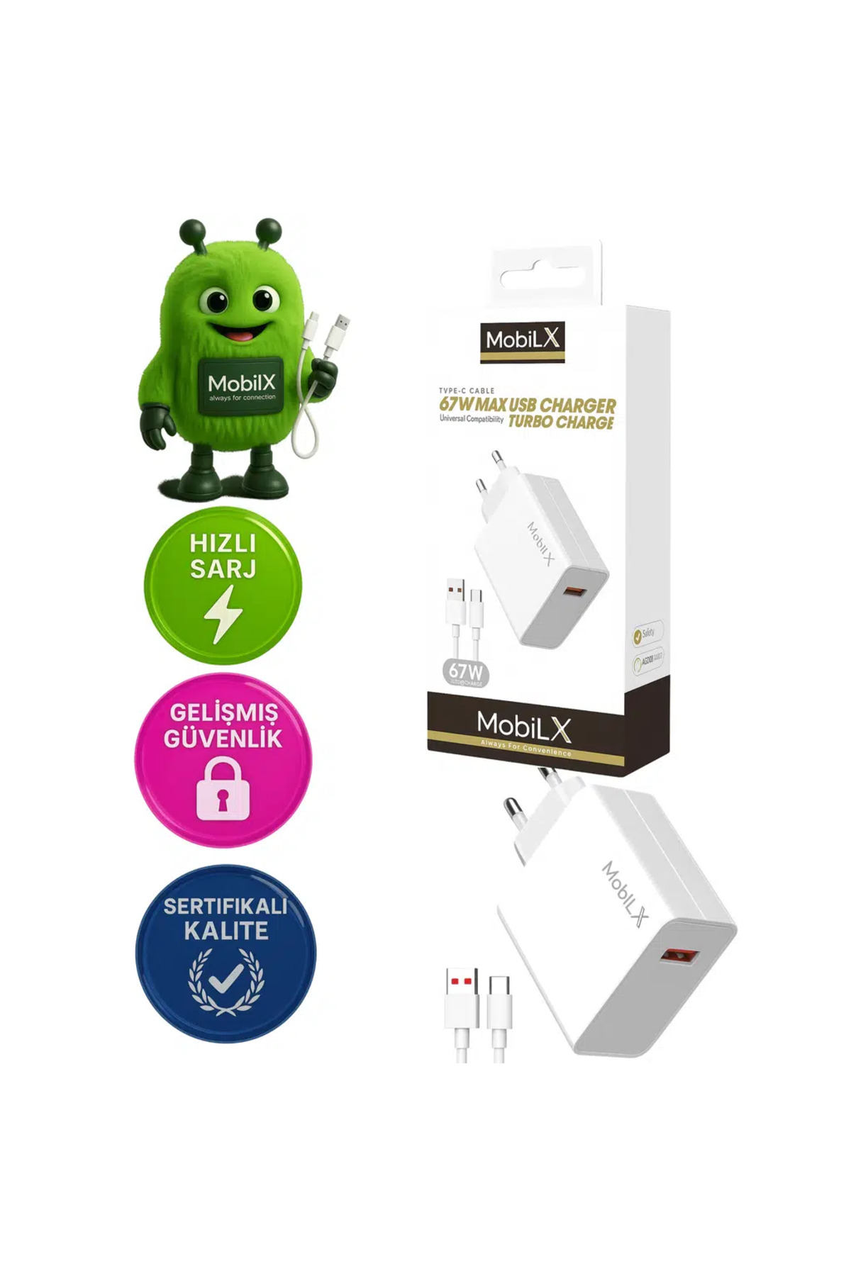 MobilX 67 Watt Turbo Max Hızlı Şarj Aleti + Type C Usb kablo