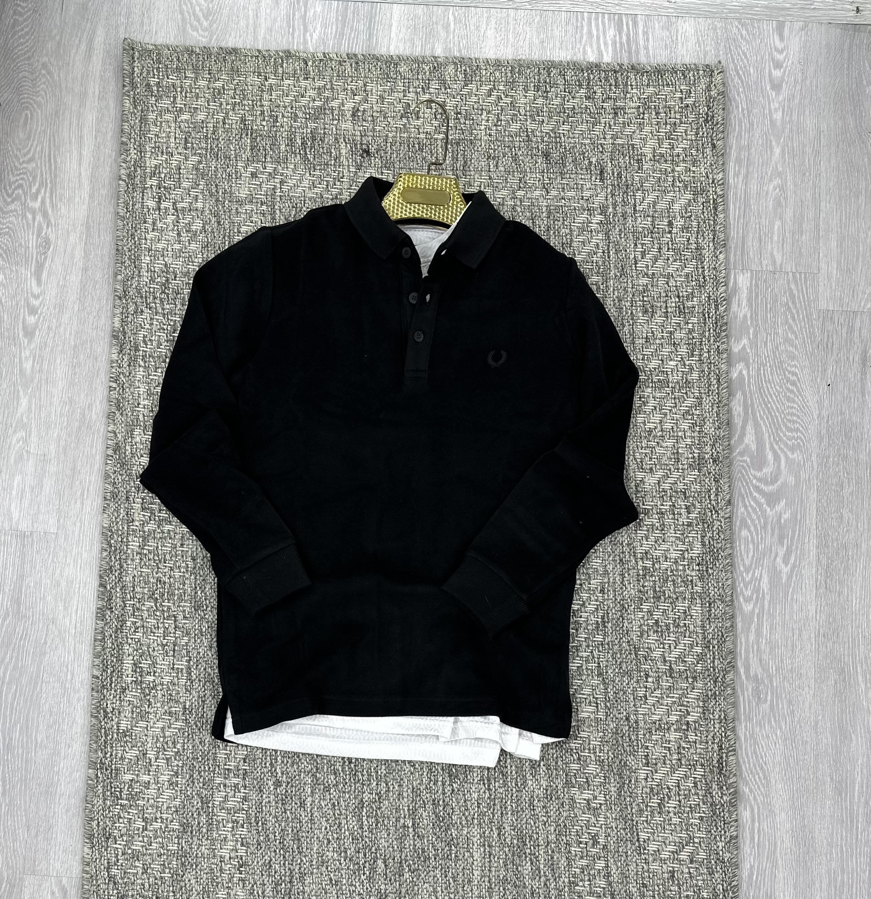 Yaka düğmeli Selanik kumaş sweat siyah