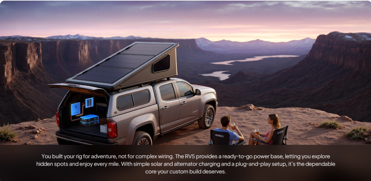 Off-grid pickup camper üzerinde solar panel, 48V LiFePO4 batarya ve 230V inverter ile kurulan karavan güç sistemi