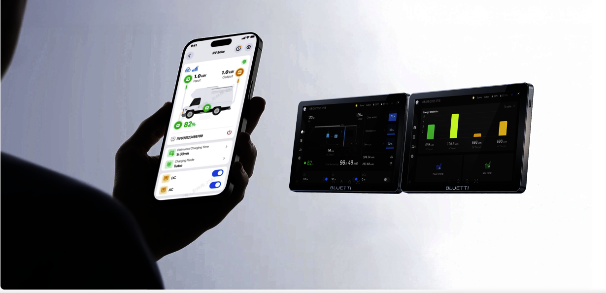 Bluetti karavan enerji sistemi dokunmatik ekran ve mobil uygulama kontrolü