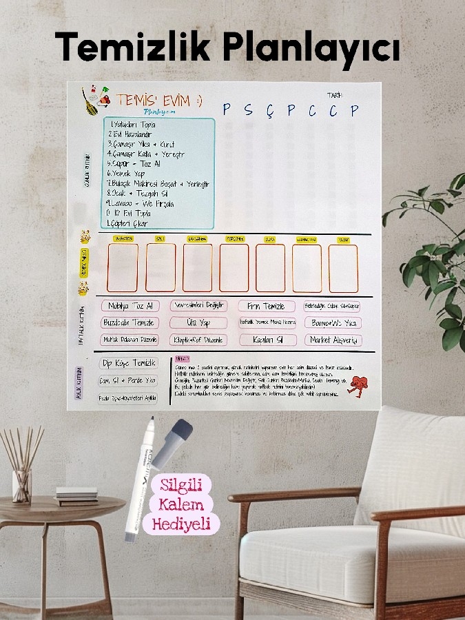 Özel Tasarım Kendiliğinden Yapışan Akıllı Kağıt Temizlik Planlayıcı (50* 50 cm)