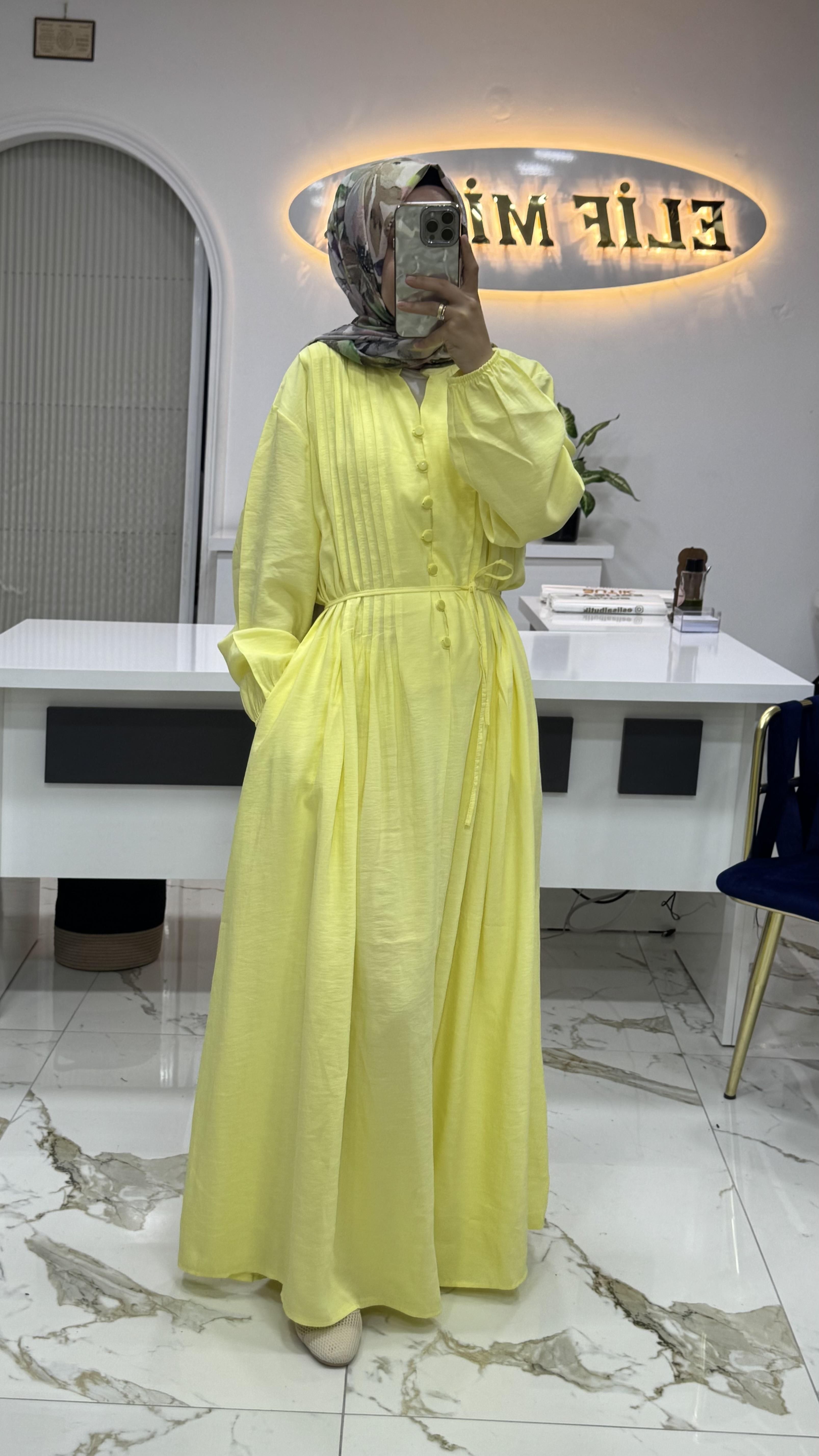 4572 NERWUR DETAYLI ELBİSE SARI