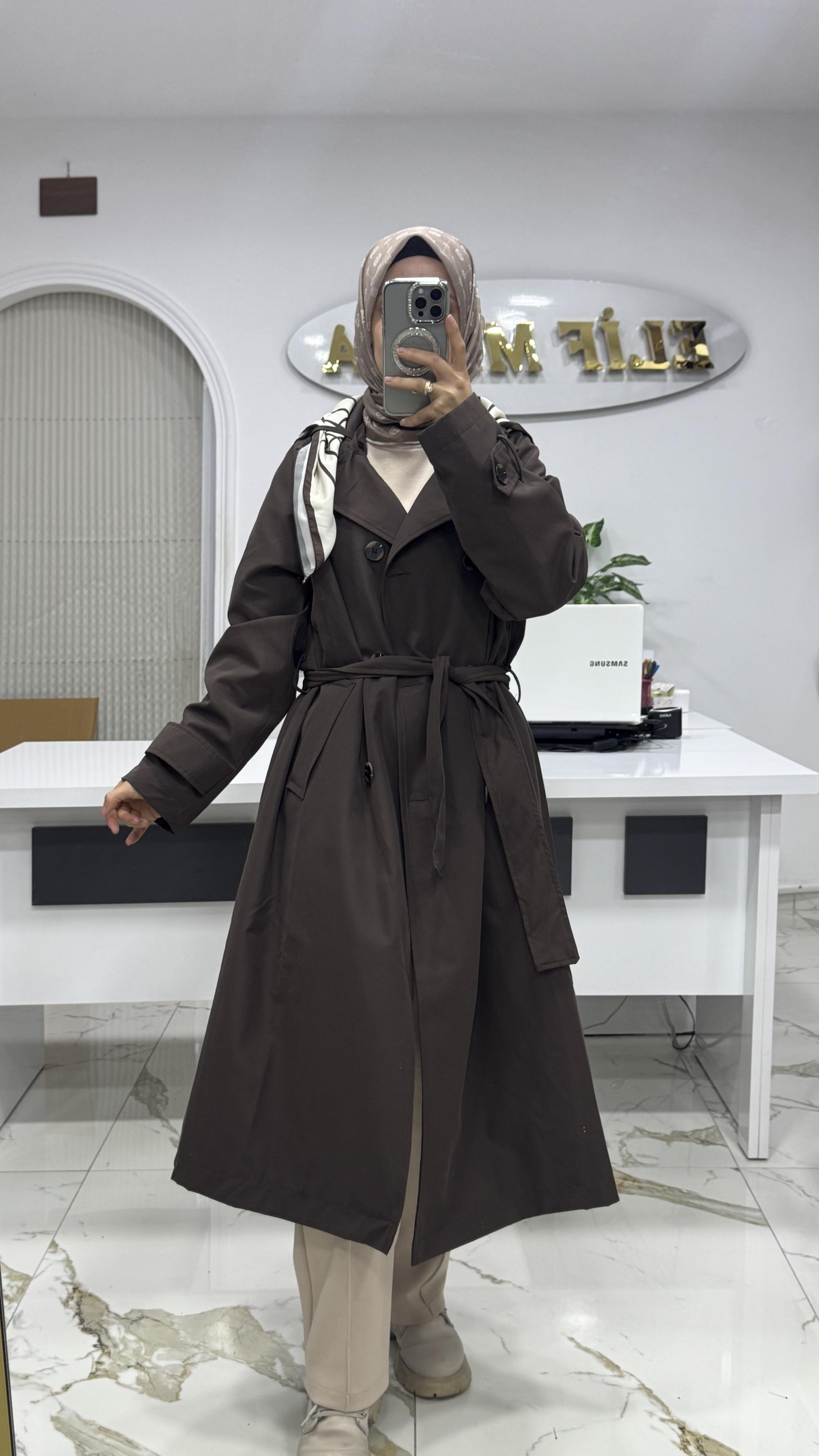 FULAR DETAYLI TRENÇKOT KAHVE