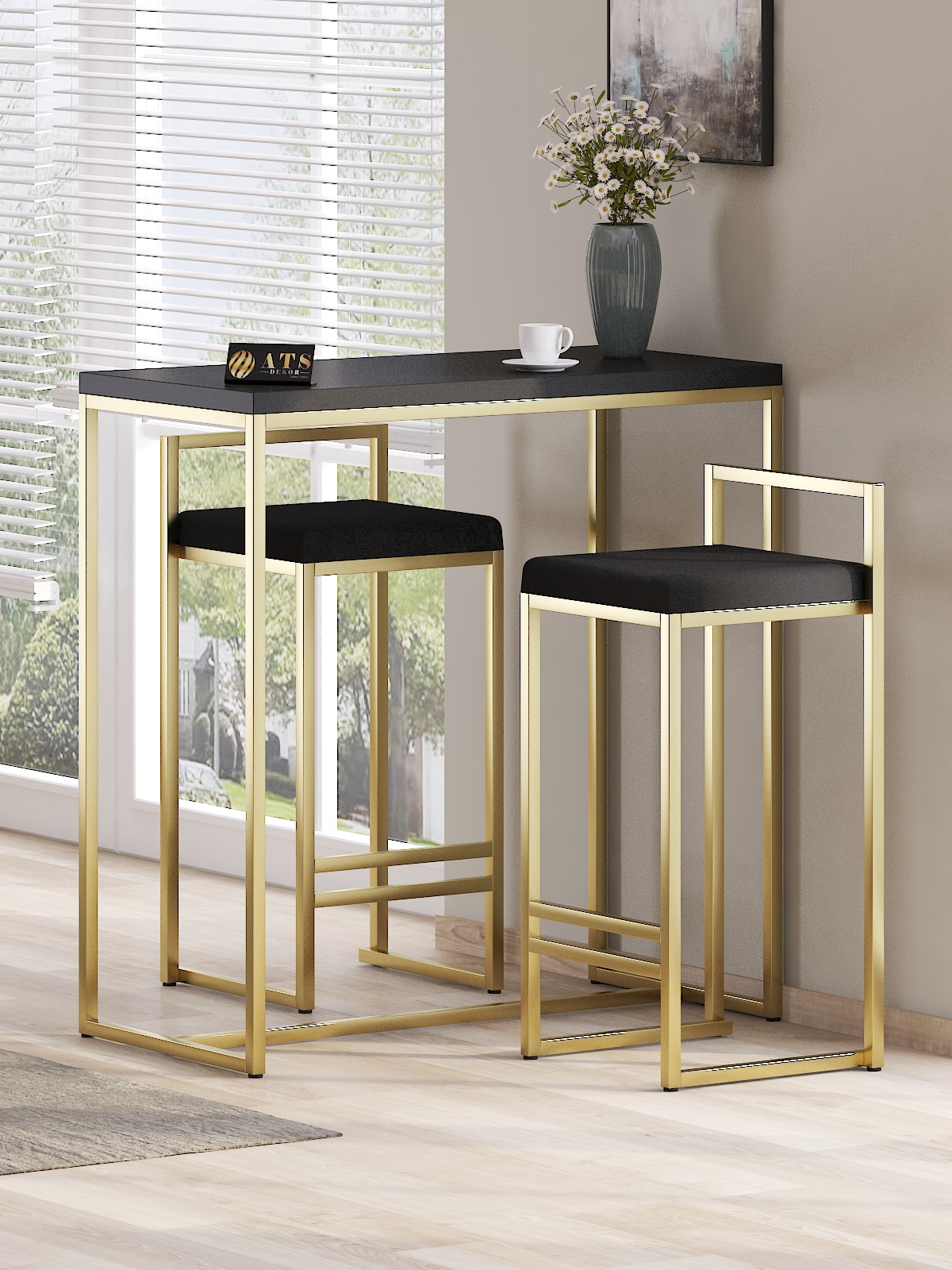 2 Li Sandelye Ve Bar Masası Takımı Gold Siyah