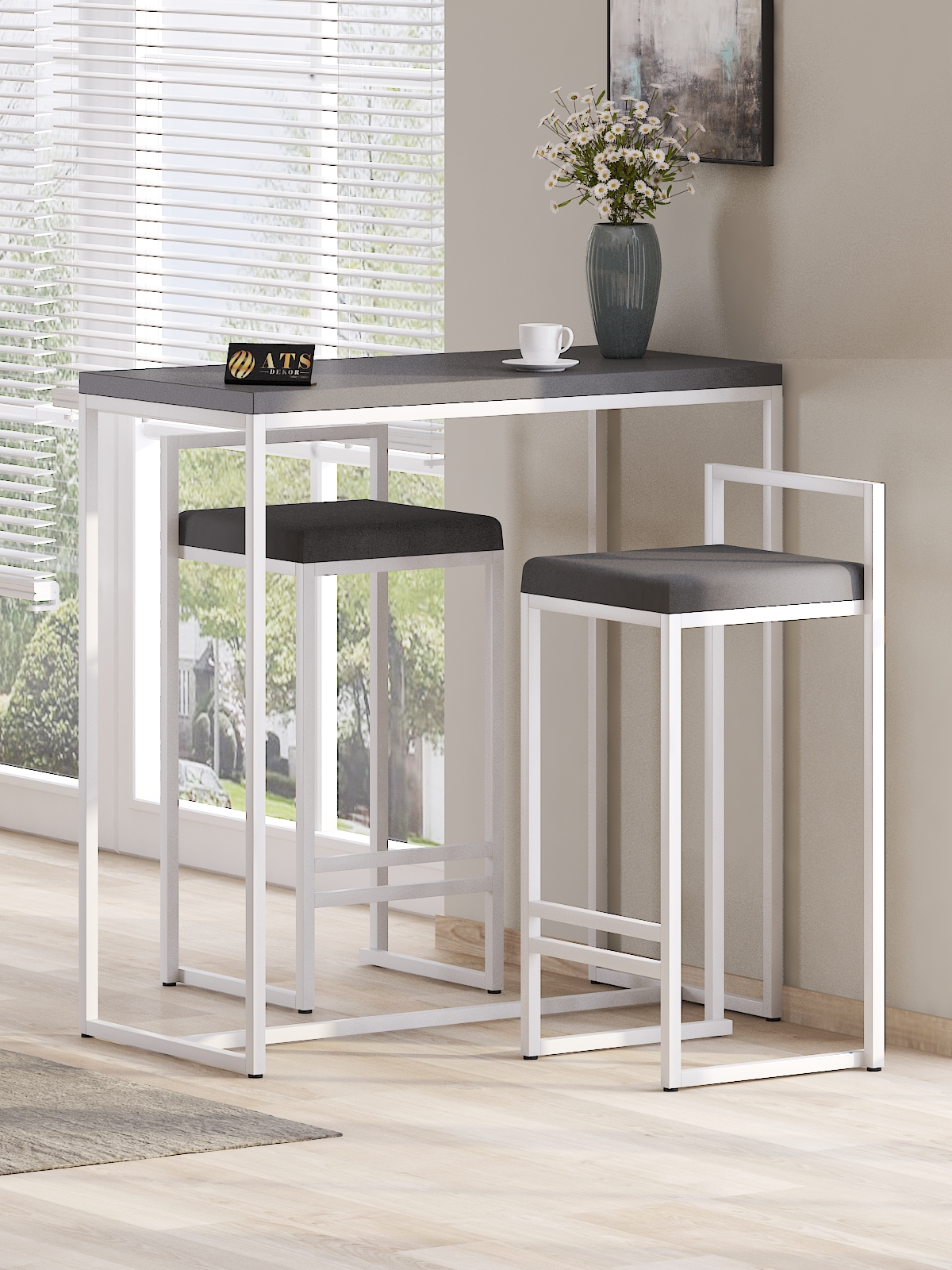 2 Li Sandelye Ve Bar Masası Takımı Beyaz Antrasit