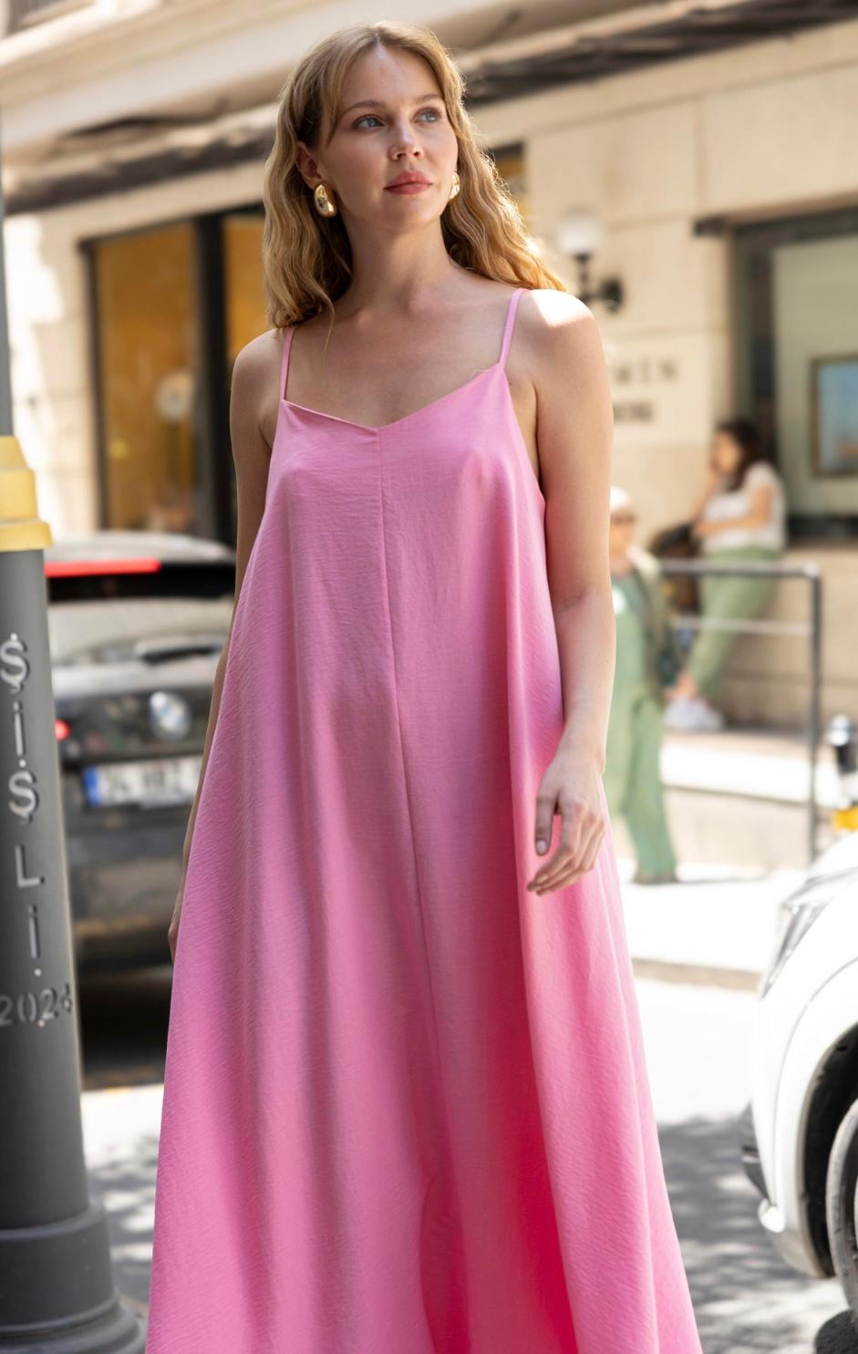 KADIN ASKILI BASİC UZUN ELBİSE PEMBE