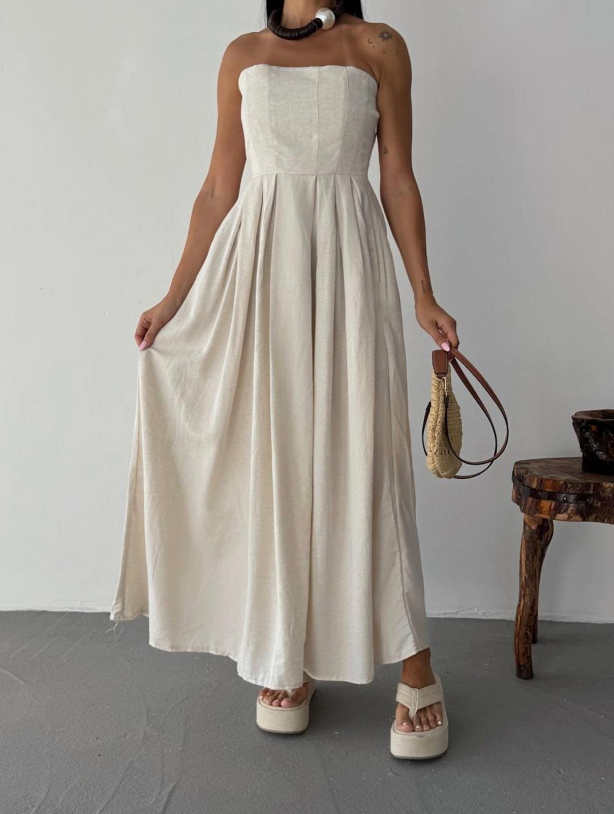 PREMİUM STRAPLEZ KETEN CEPLİ ELBİSE TAŞ