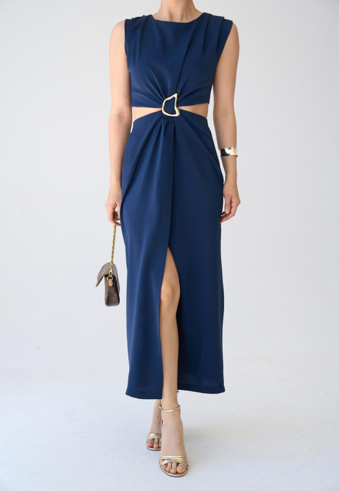 BEL DEKOLTELİ TOKALI ŞIK ELBİSE LACİVERT