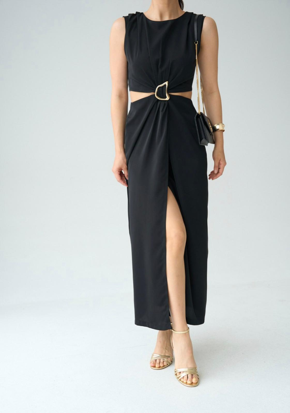 BEL DEKOLTELİ TOKALI ŞIK ELBİSE SİYAH