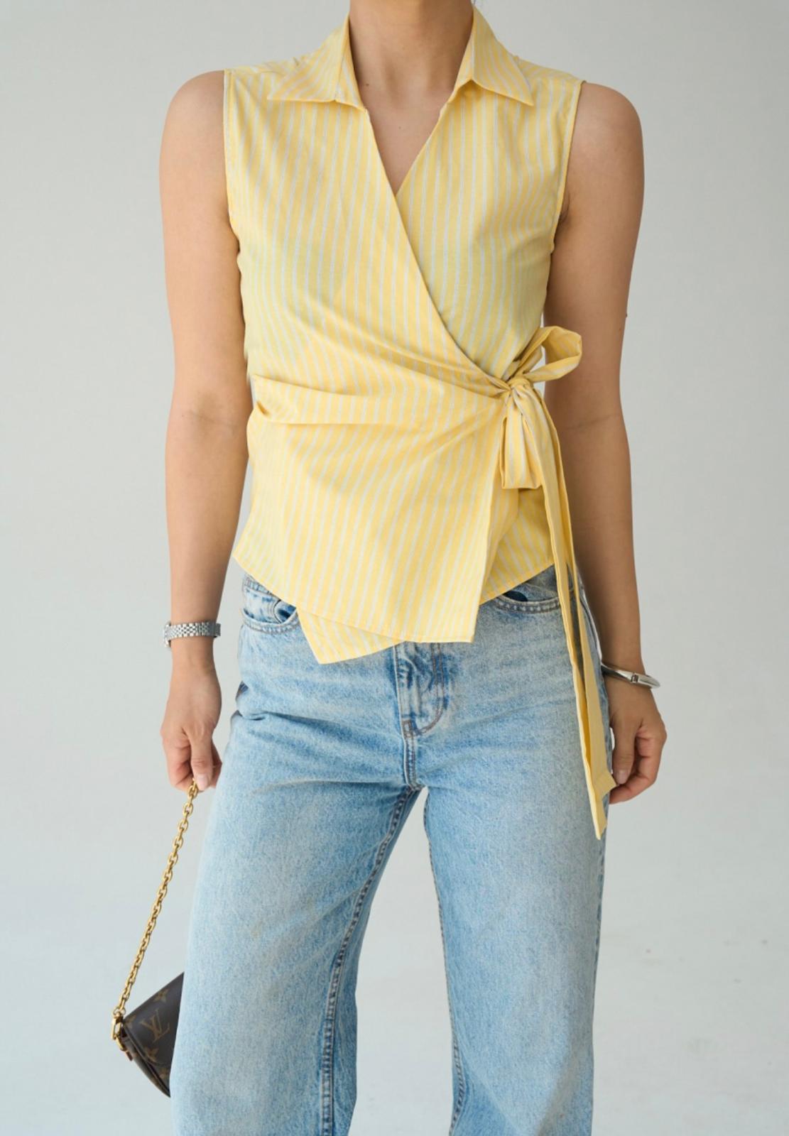 KADIN MARİN ÇİZGİLİ FİYONK BAĞLAMALI GÖMLEK SARI