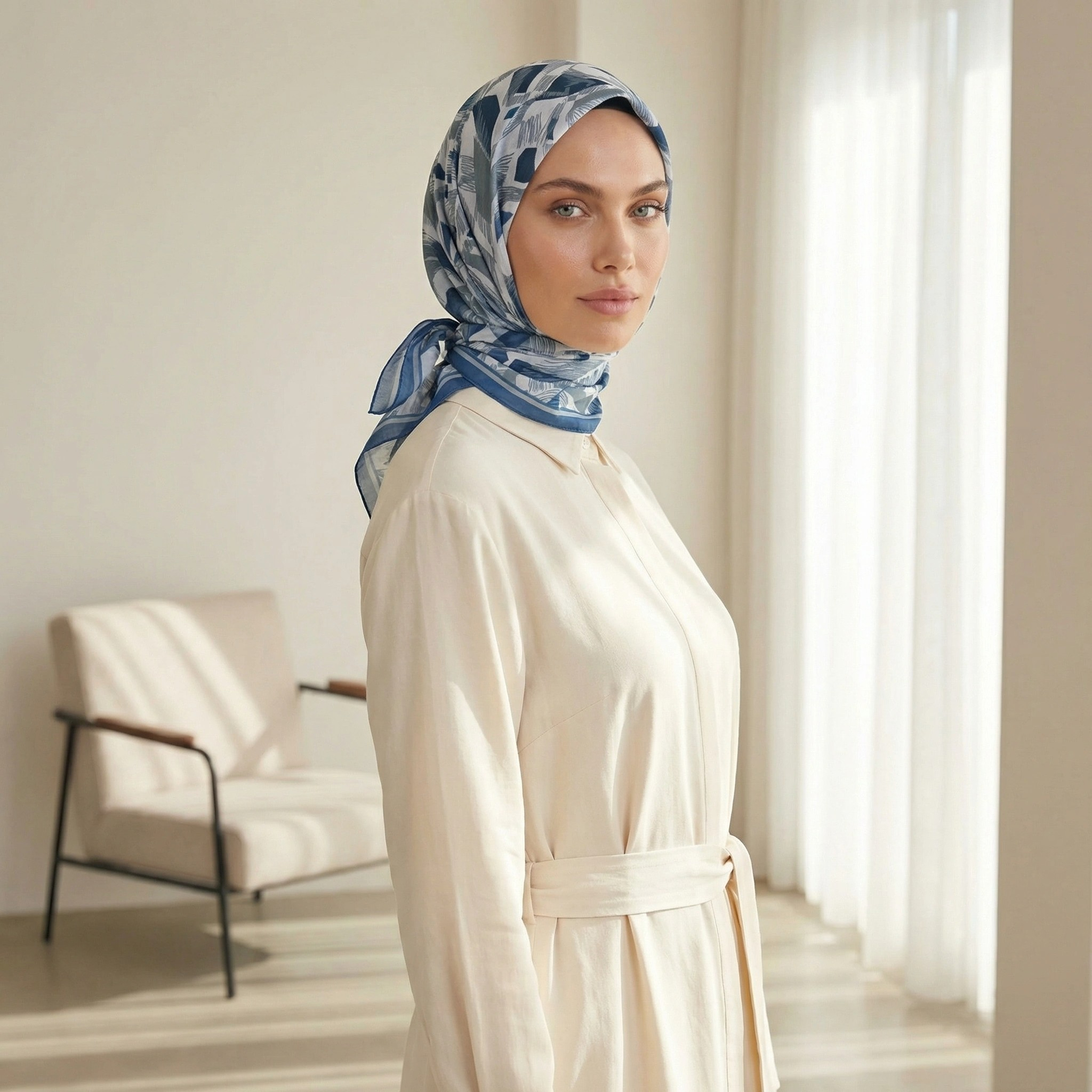 Dijital Soft Geometrik Fırça Desen Eşarp