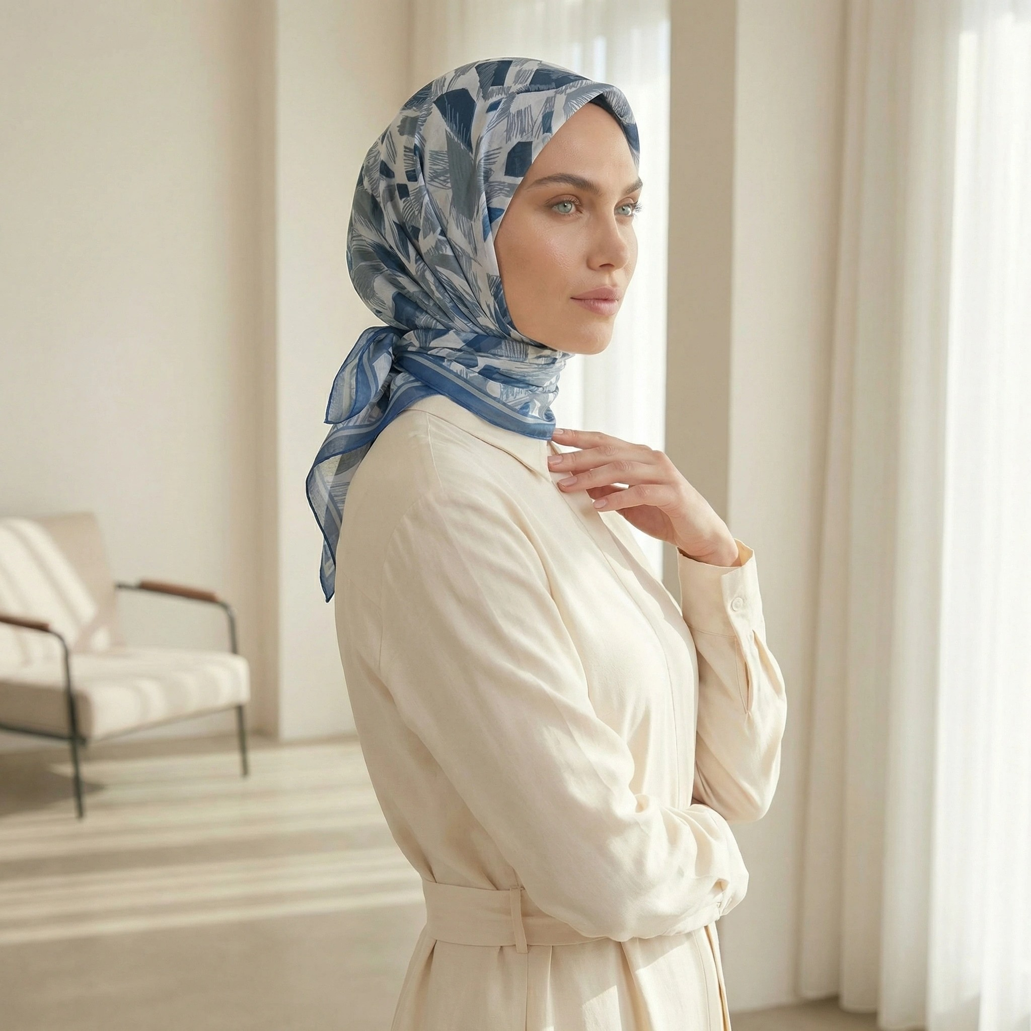 Dijital Soft Geometrik Fırça Desen Eşarp