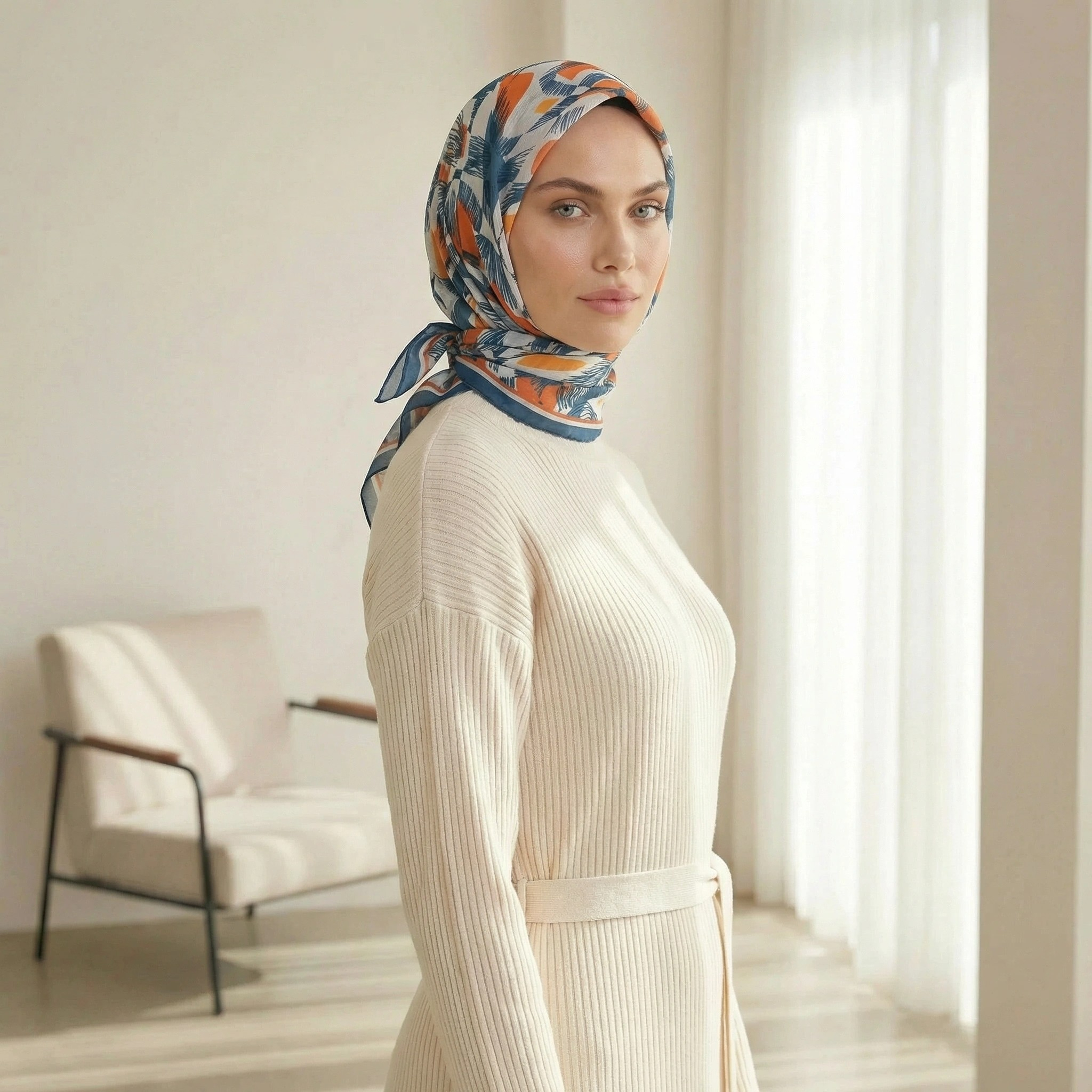 Dijital Soft Geometrik Fırça Desen Eşarp