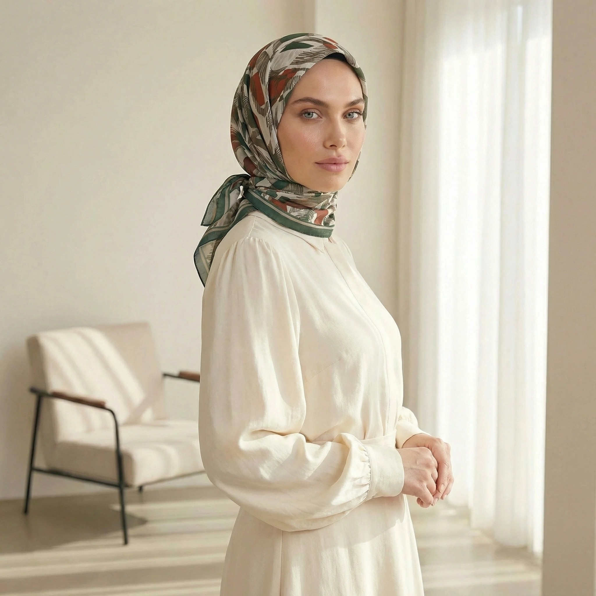 Dijital Soft Geometrik Fırça Desen Eşarp