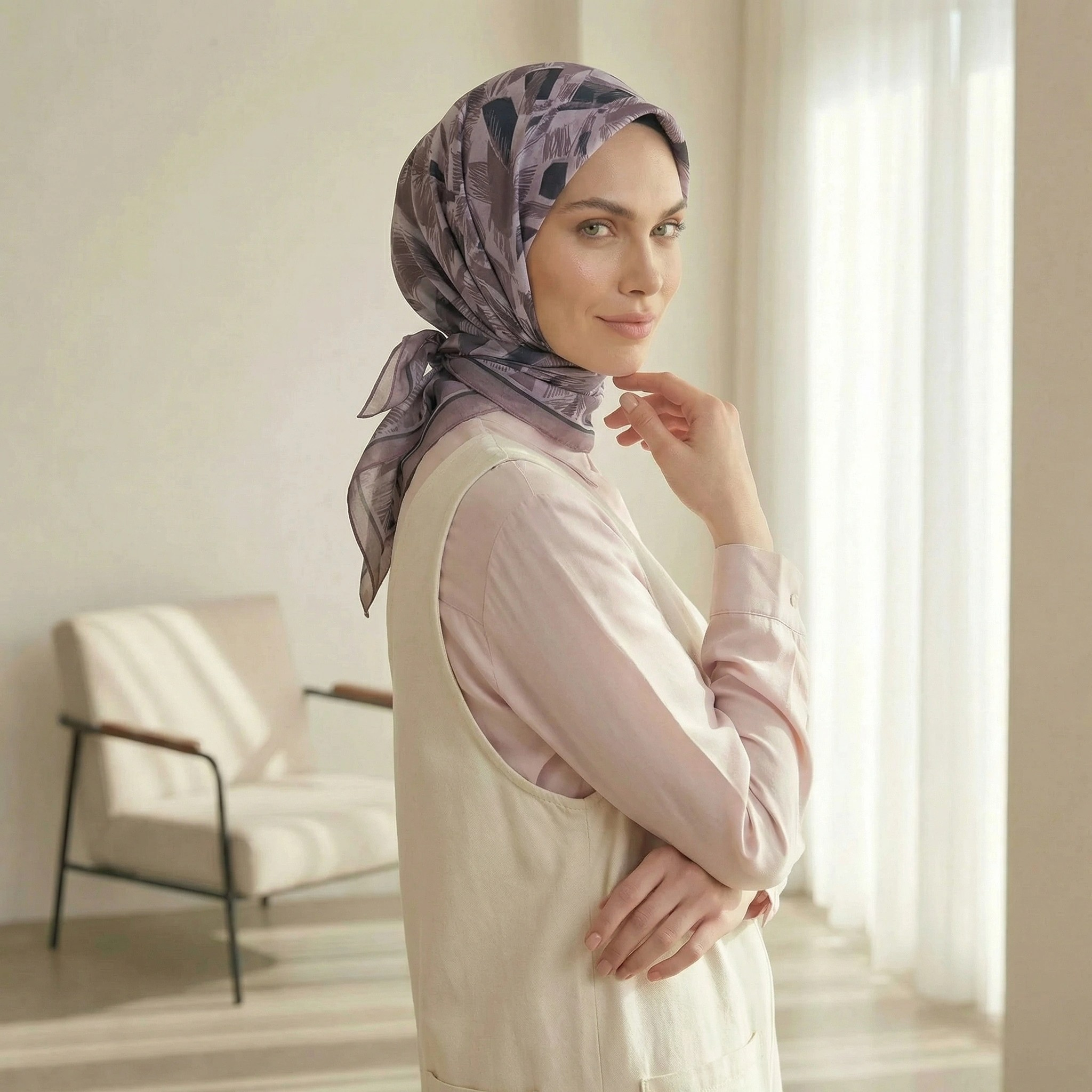 Dijital Soft Geometrik Fırça Desen Eşarp