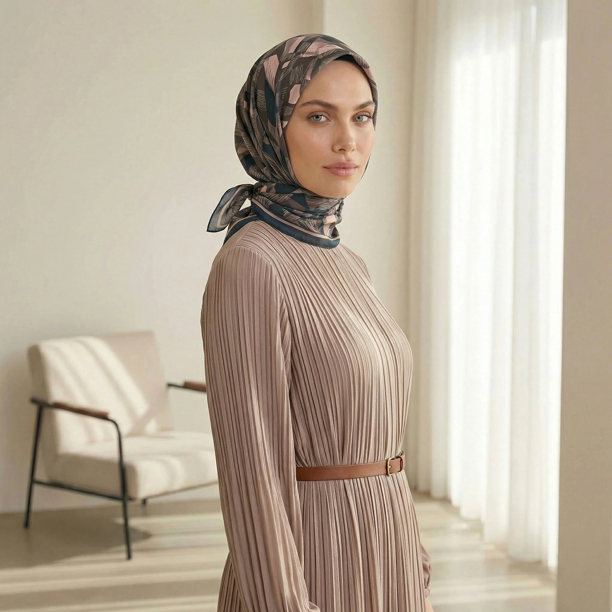 Dijital Soft Geometrik Fırça Desen Eşarp