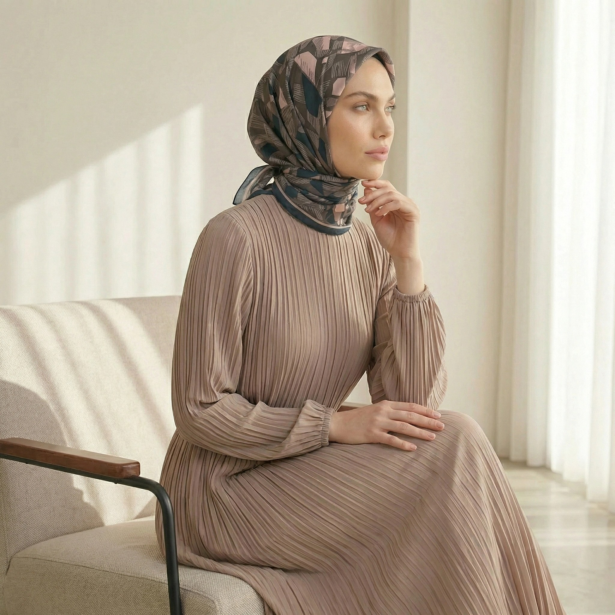 Dijital Soft Geometrik Fırça Desen Eşarp