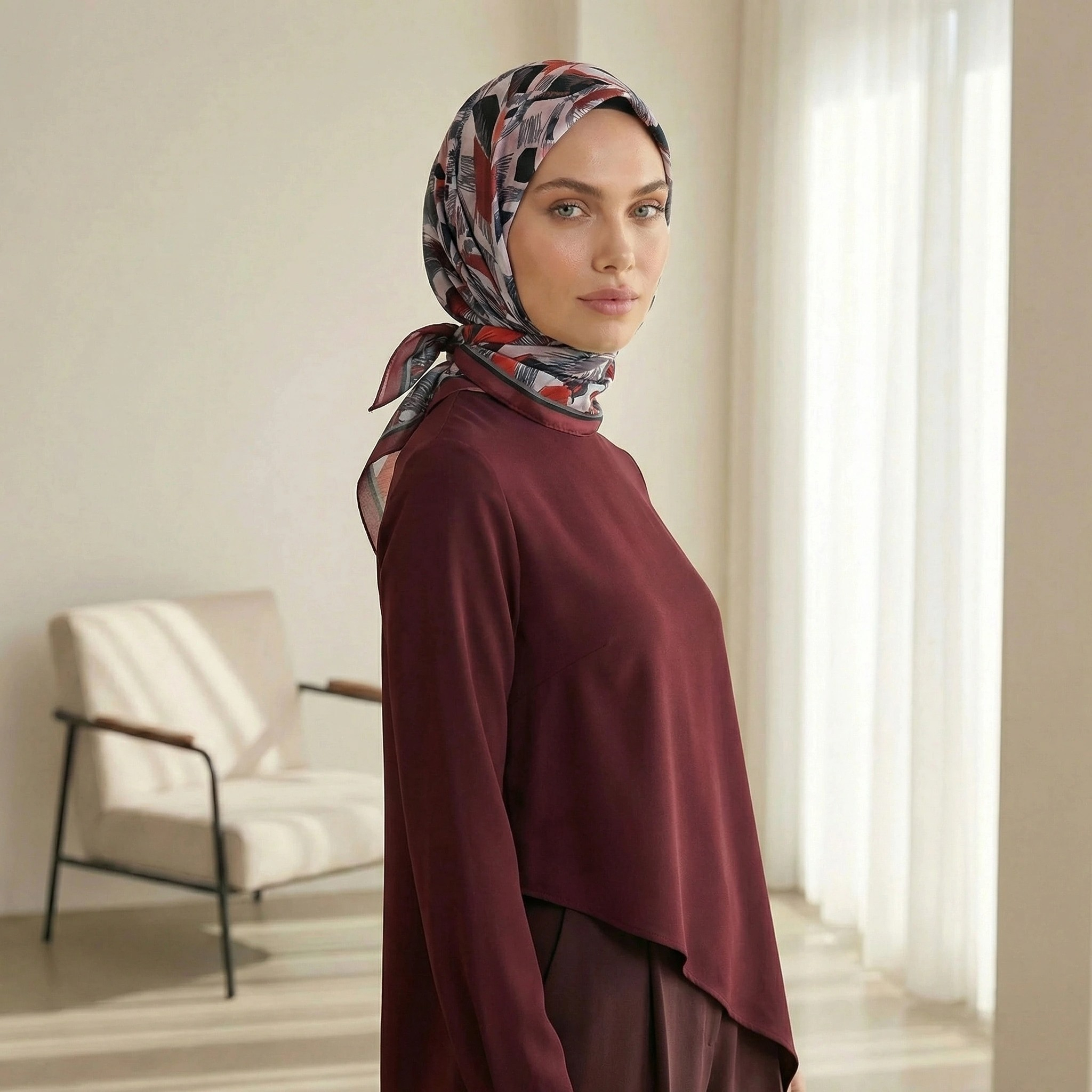 Dijital Soft Geometrik Fırça Desen Eşarp