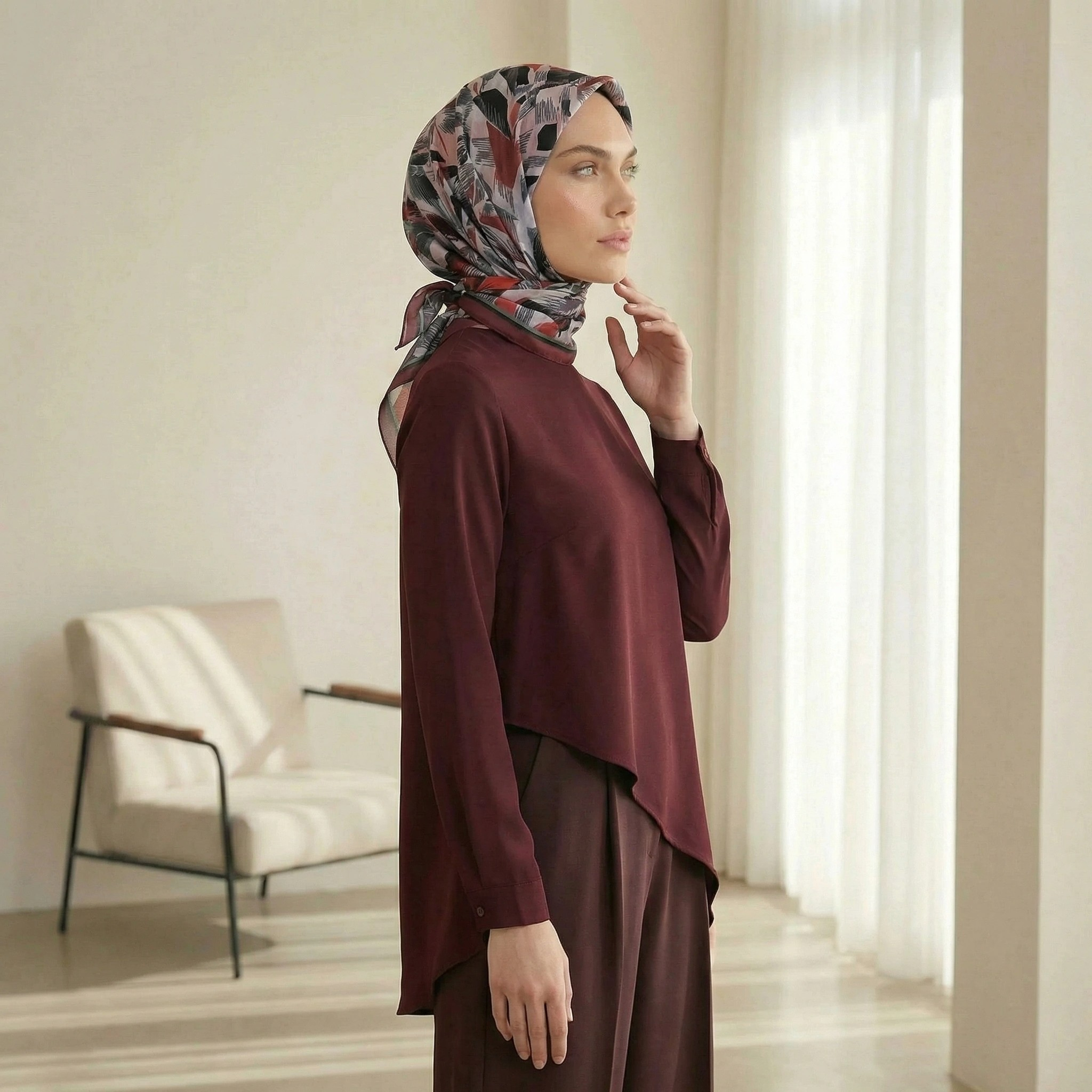 Dijital Soft Geometrik Fırça Desen Eşarp