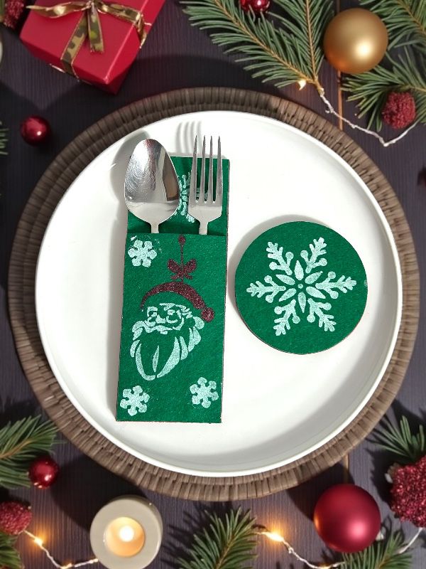 Yılbaşı Sofrası ( Dekoratif Keçe Kaşıklık, Çatallık, Bardak altlıklı) Noel Baba 2li set