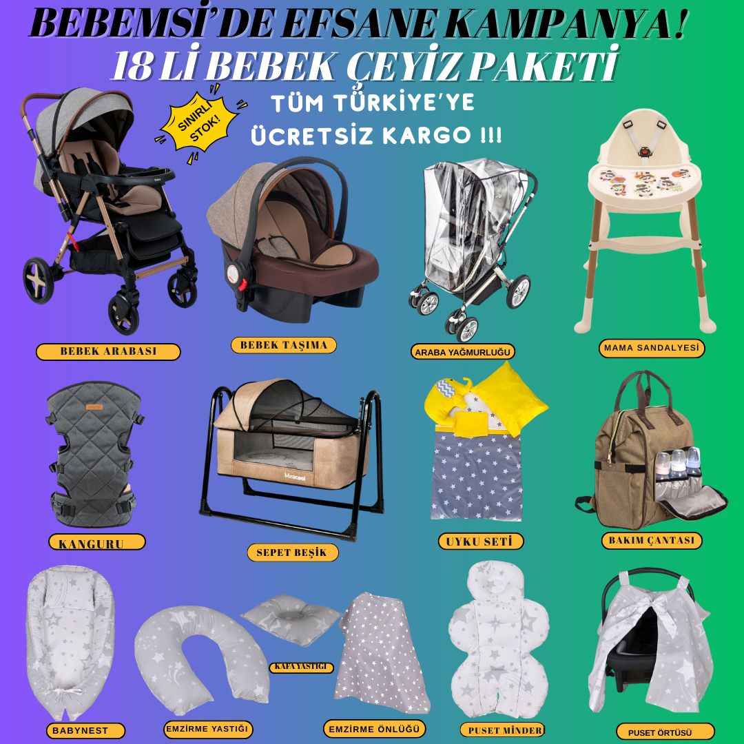 18 Parça Bebek Çeyiz Paketi Çift Yön Araba Beşikli Set (Kahve)
