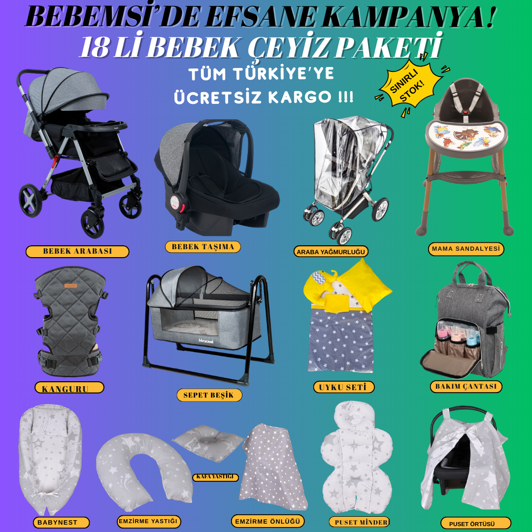 18 Parça Bebek Çeyiz Paketi Çift Yön Araba Beşikli Set (Gri)
