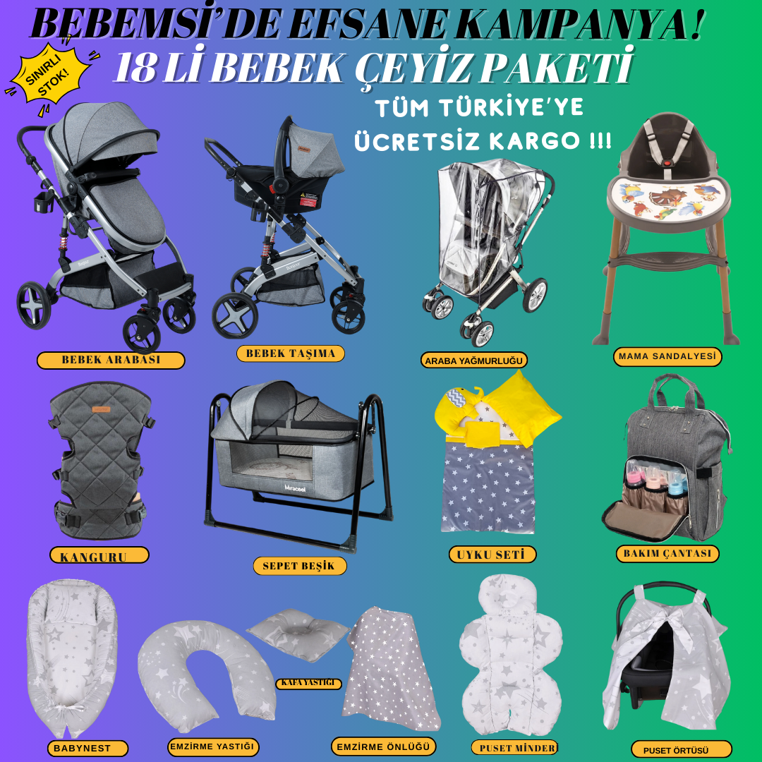 18 Parça Bebek Çeyiz Paketi Travel Araba Beşikli Set (Gri)