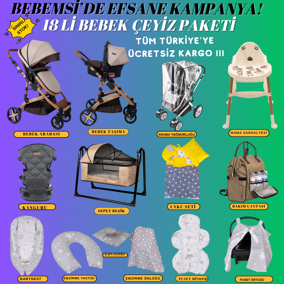 18 Parça Bebek Çeyiz Paketi Travel Araba Beşikli Set (Kahve)