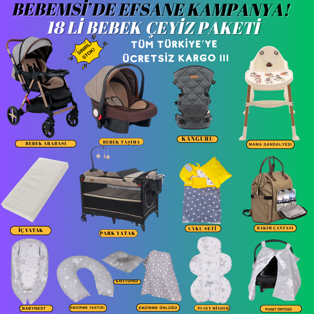 18 Parça Bebek Çeyiz Paketi Çift Yön Araba Park Yatak Set (Kahve)