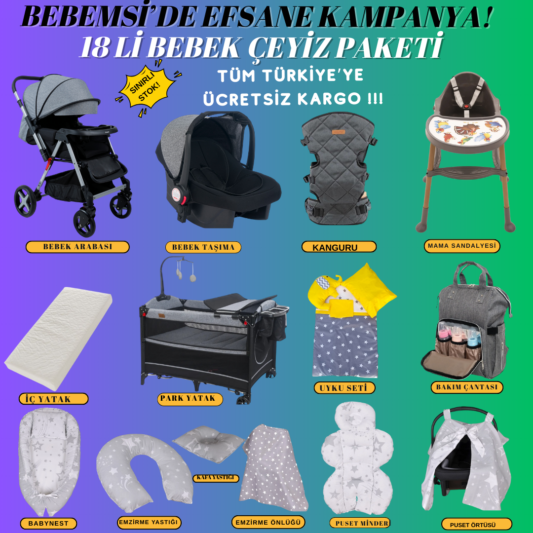 18 Parça Bebek Çeyiz Paketi Çift Yön Araba Park Yatak Set (Gri)