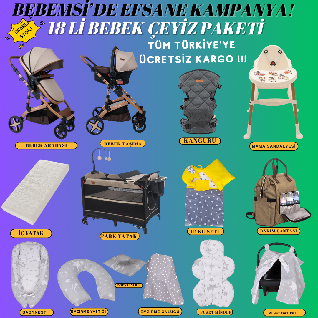 18 Parça Bebek Çeyiz Paketi Travel Araba Park Yatak Set (Kahve)