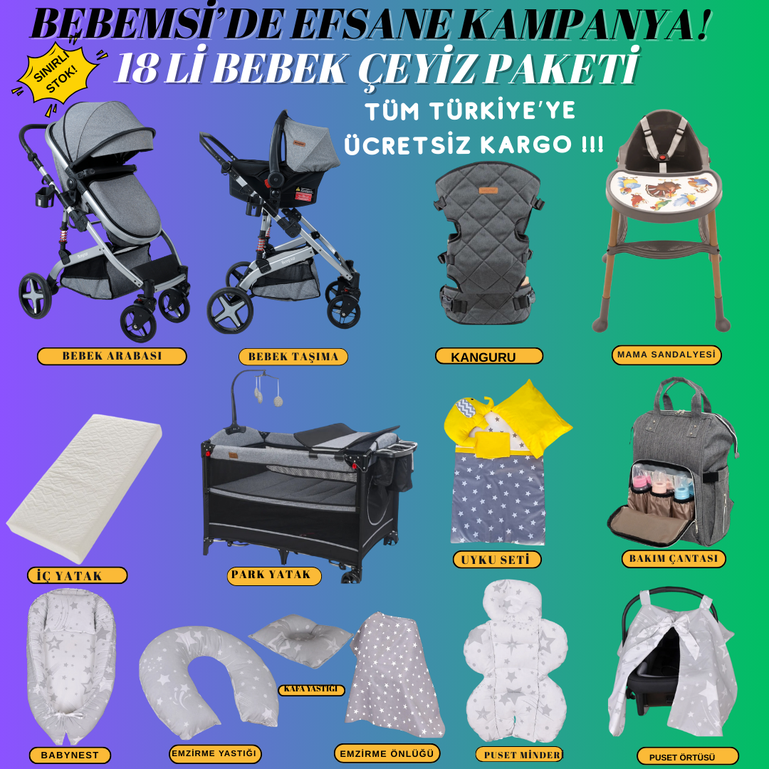 18 Parça Bebek Çeyiz Paketi Travel Araba Park Yatak Set (Gri)