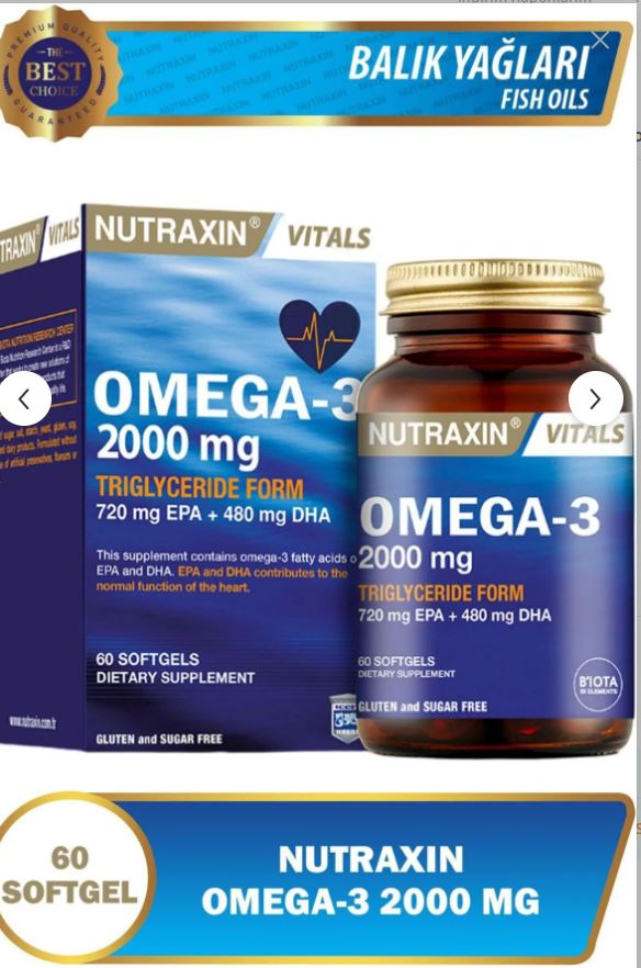 Nutraxin Vitals Omega-3 2000 mg EPA + DHA Balık Yağı içeren Takviye Edici Gıda (1 x 60