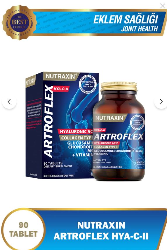Nutraxin Artroflex HYA-C-II 90 Tablet–Tip II Kolajen, Glukozamin, MSM, Hyaluronik Asit Eklem Destek Takviyesi