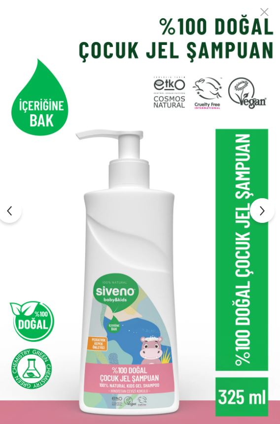 Siveno %100 Doğal Yenidoğan Bebek Çocuk Jel Şampuanı Saç Vücut Konak Önleyici 325 ml 2 adet