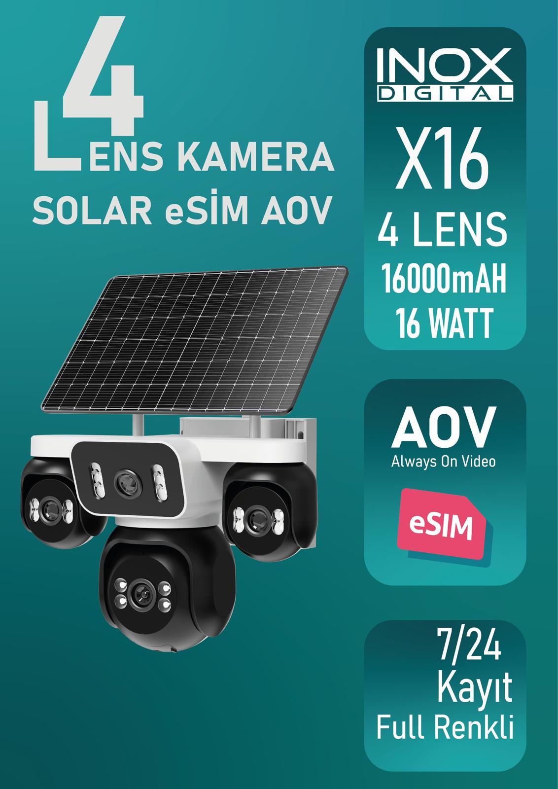 İNOX-X16 4 LENS SOLAR ESİM AOV 7/24 KAYIT FULL RENKLİ