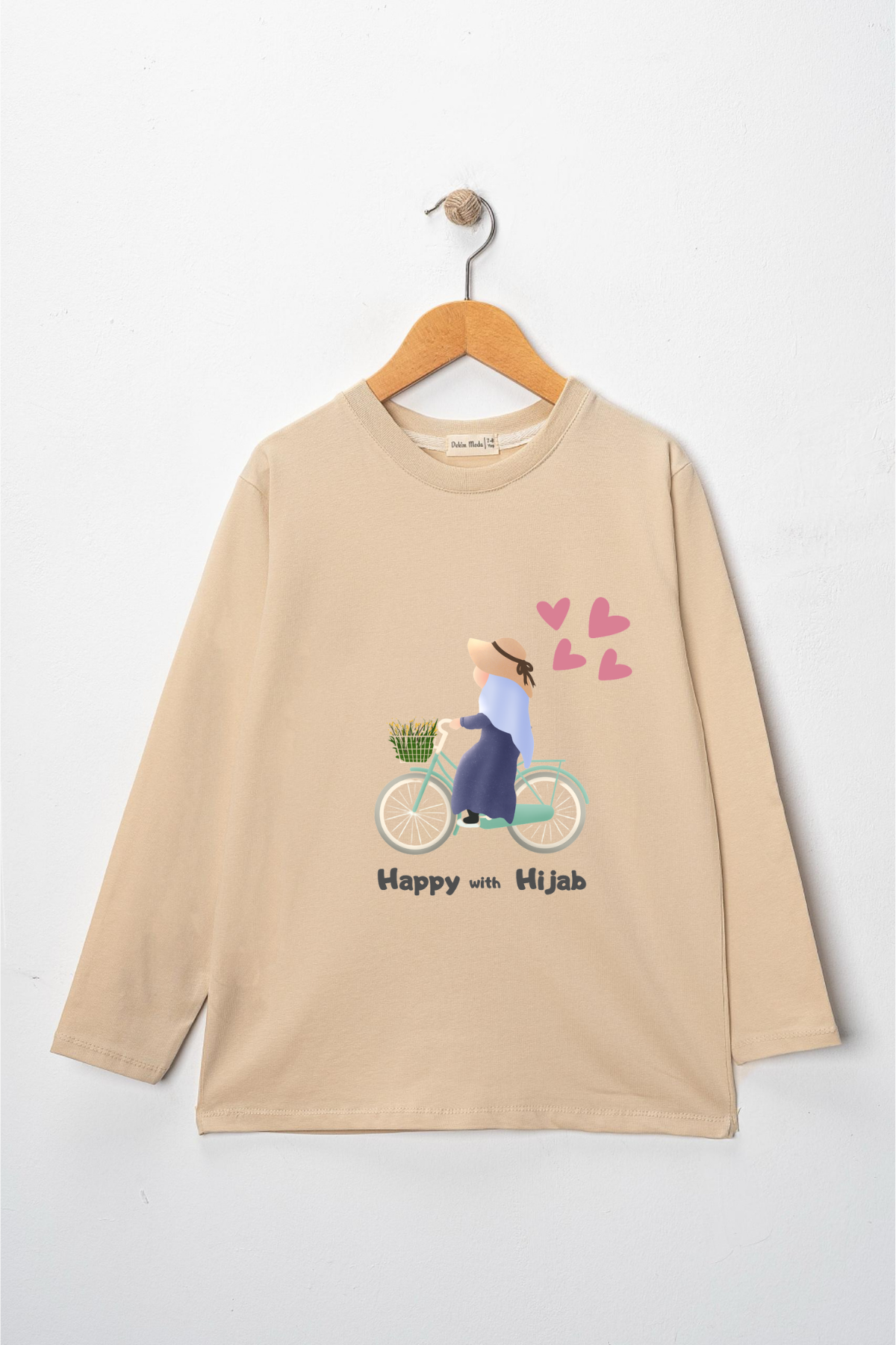 Kız Çocuk Uzun Kollu Fırfırlı Bisiklet Yaka "Başörtümle Mutluyum"  Baskılı Tişört Mevsimlik Pamuklu